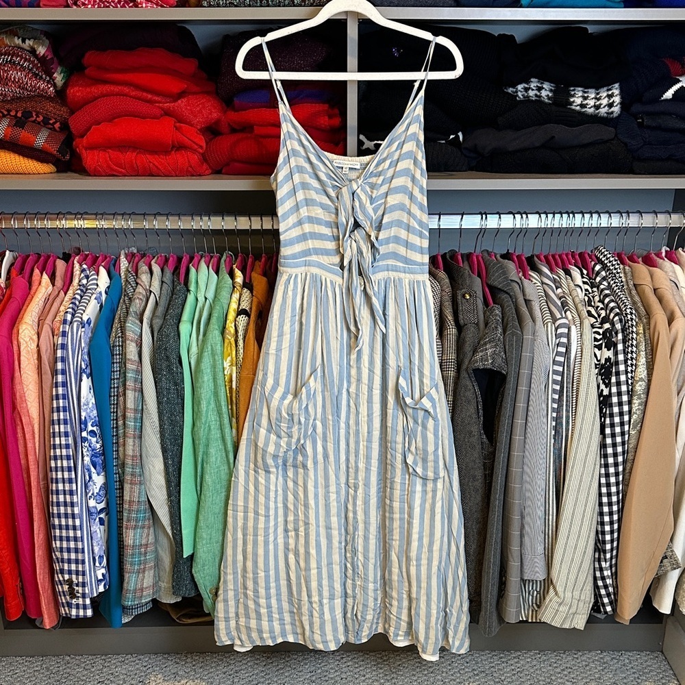 Rebecca Minkoff blue/white striped adjustable strap smocked midi dress size XS